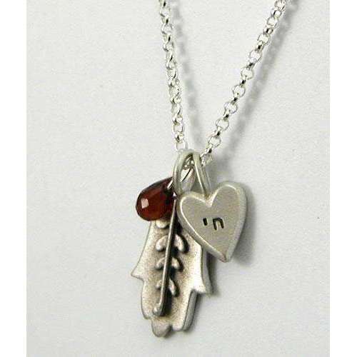Emily Rosenfeld Hamsa Necklace with Chai Heart Charm and Dangling Garnet、mySite、topwebapps