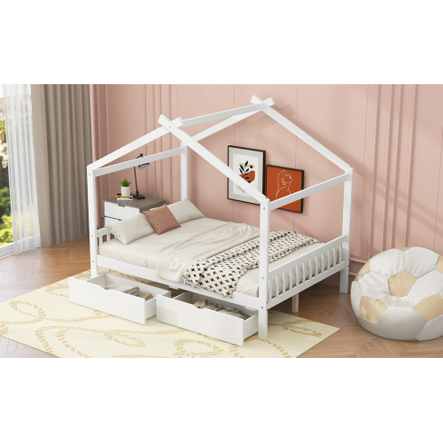 Twin Size House Platform Bed with Headboard and Footboard,Roof Design,Natural、、casual