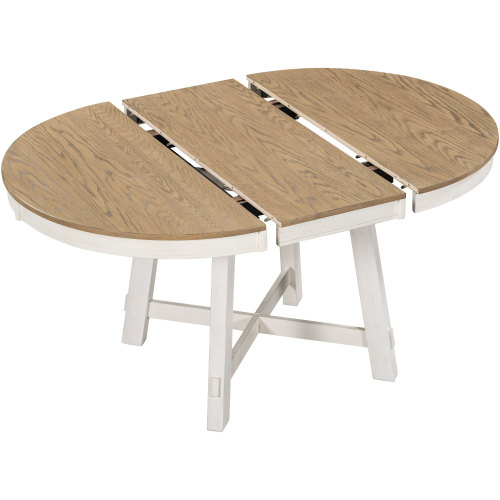 TREXM 5-Piece Farmhouse Dining Table Set Wood Round Extendable Dining Table and 4 Upholstered Dining Chairs (Natural Wood Wash)、、casual