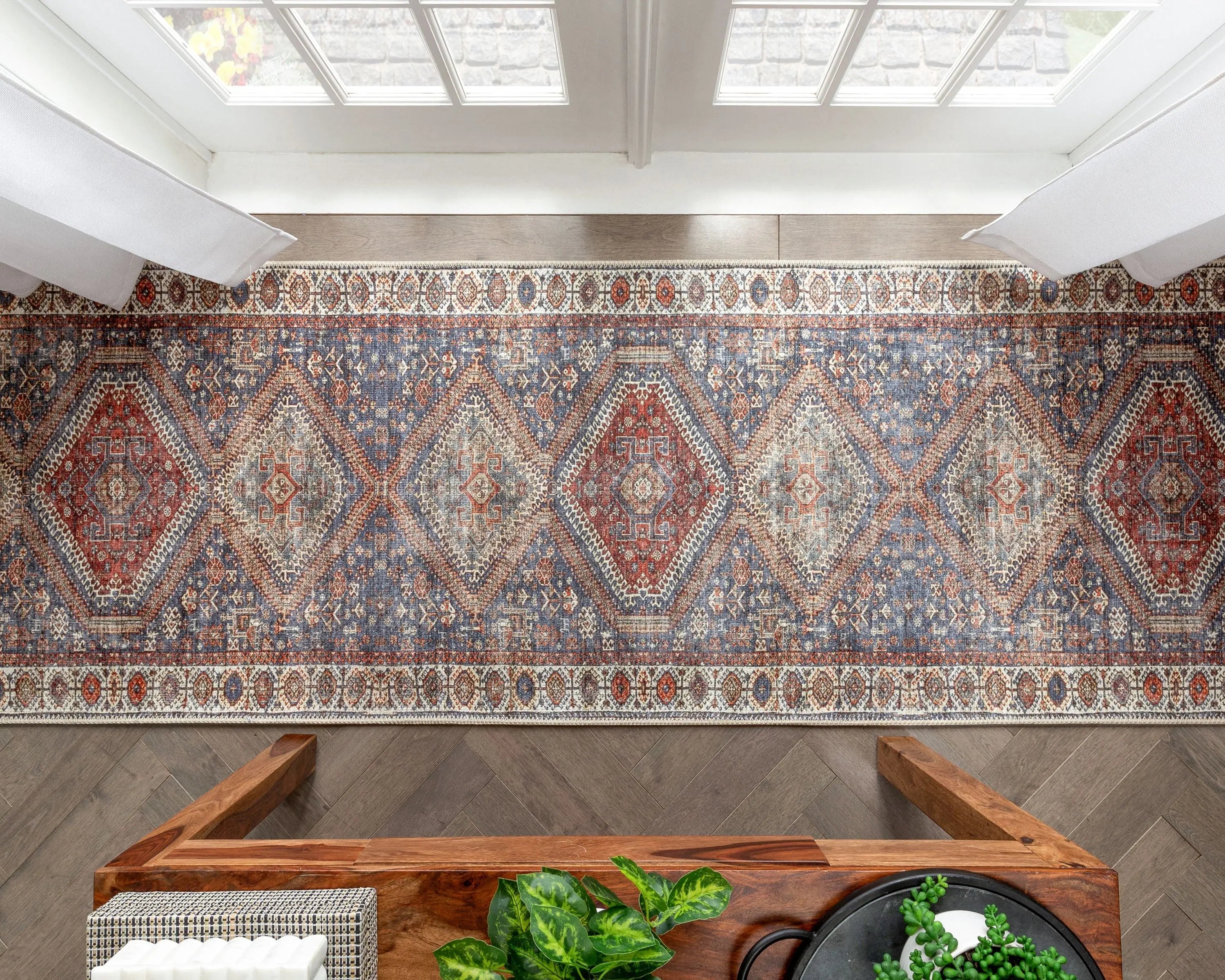 Ripon Machine Washable Vintage Medallion Botanical Border Blue Red Flat-Weave Distressed Rug、mySite、gigharbornorthrealestate