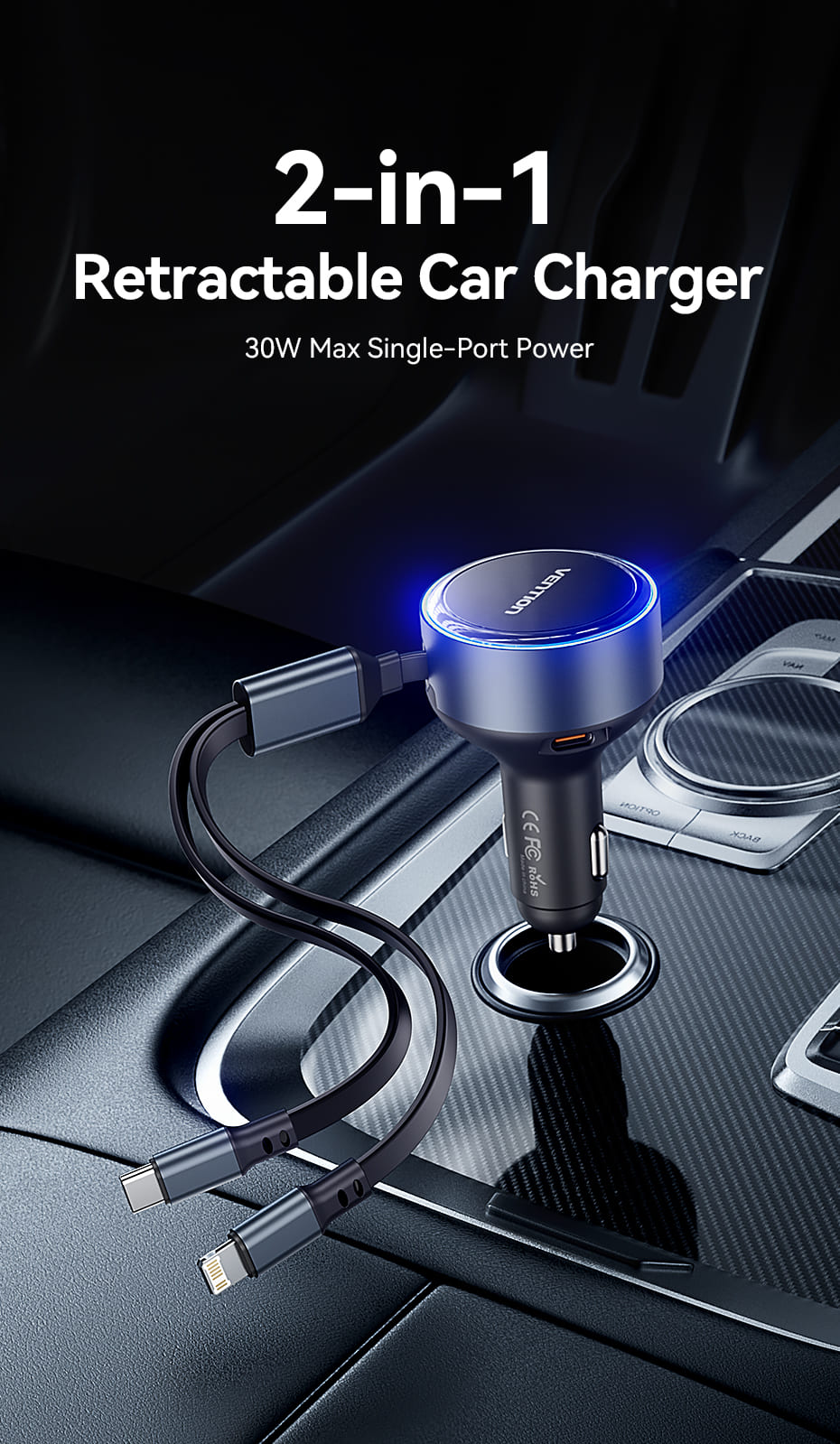 Three-Port USB-C + USB-C/Lightning (30W + 30W/27W) Car Charger