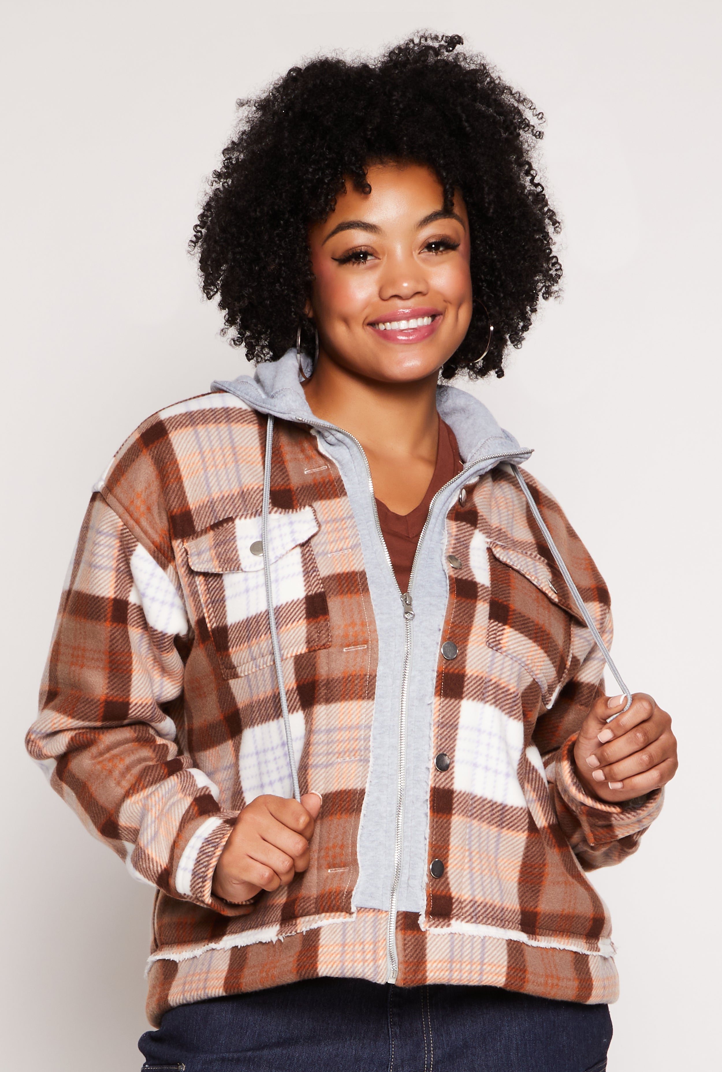 Plus Size Plaid Hooded Zip Front Jacket、mySite、camillekostekn