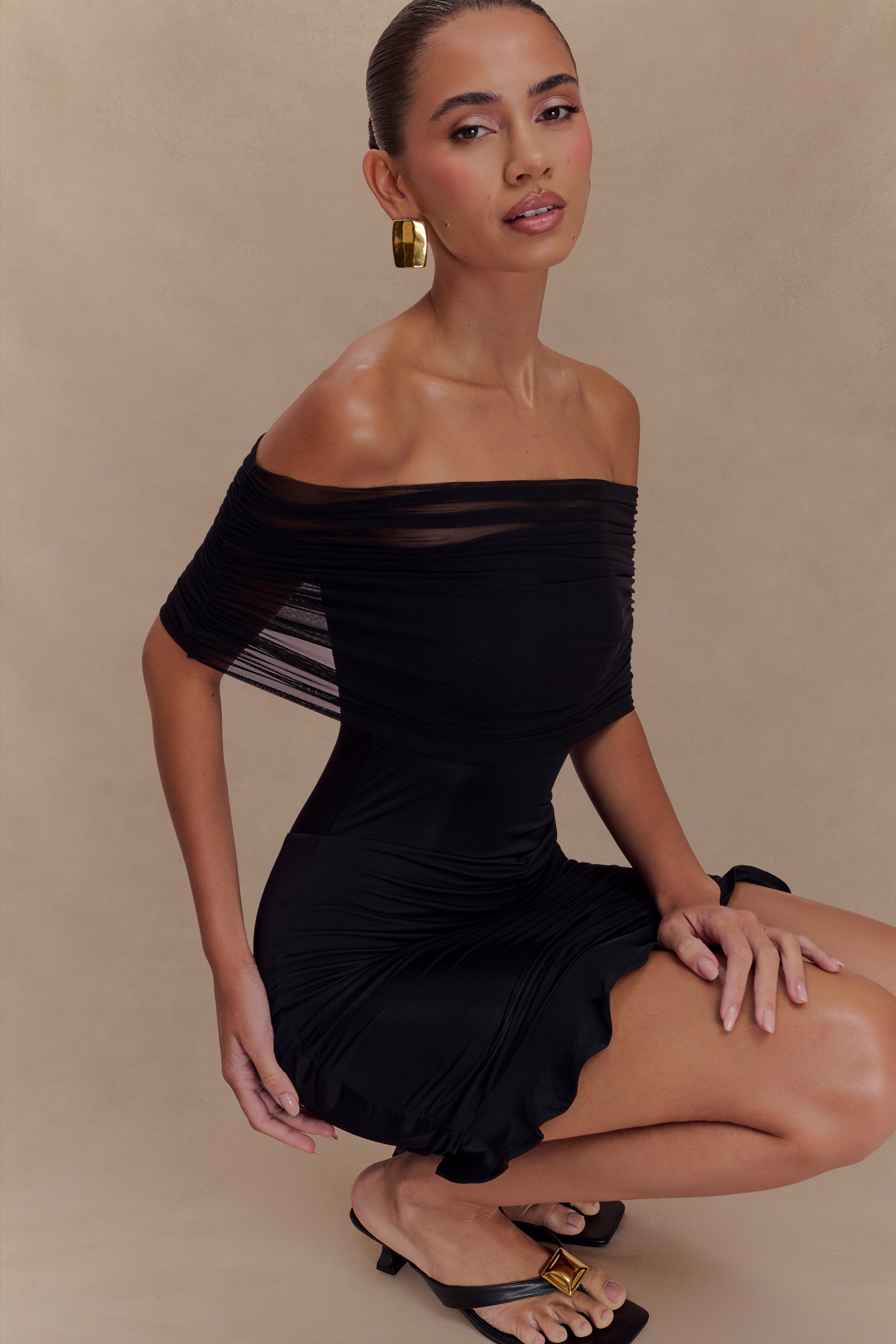 Caspian Slinky And Mesh Off Shoulder Mini Dress - Black、mySite、solidvoid