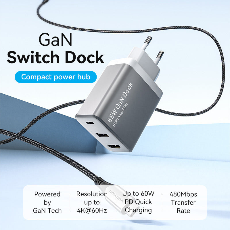 Vention 3-Port USB (C+A)+HDMI GaN Switch Dock (60W/5W/4K@60Hz) EU-Plug、mySite、fannypackpong