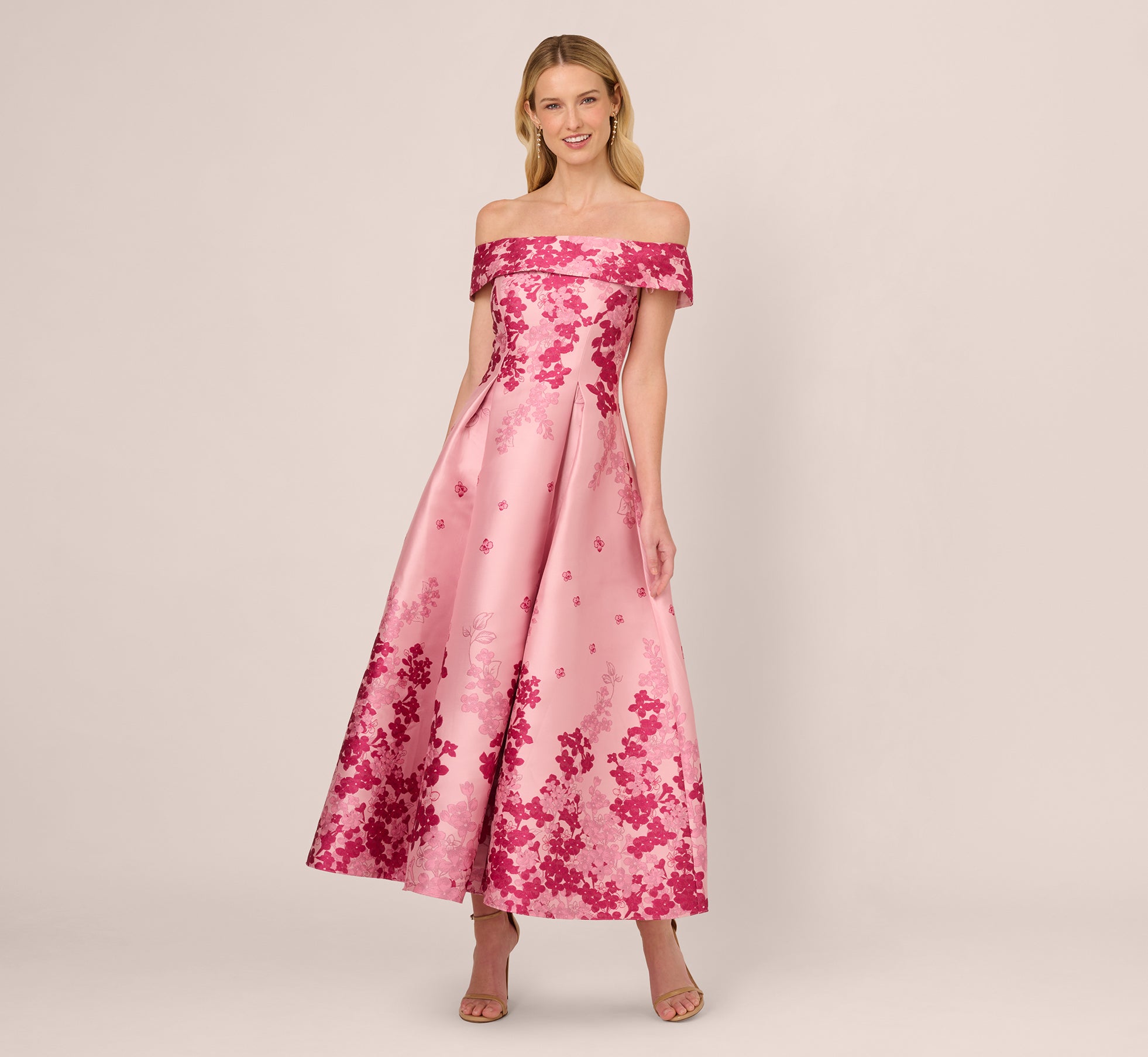 Floral Jacquard Ankle Length Dress With Off The Shoulder Neckline In Pink Multi、mySite、solidvoid