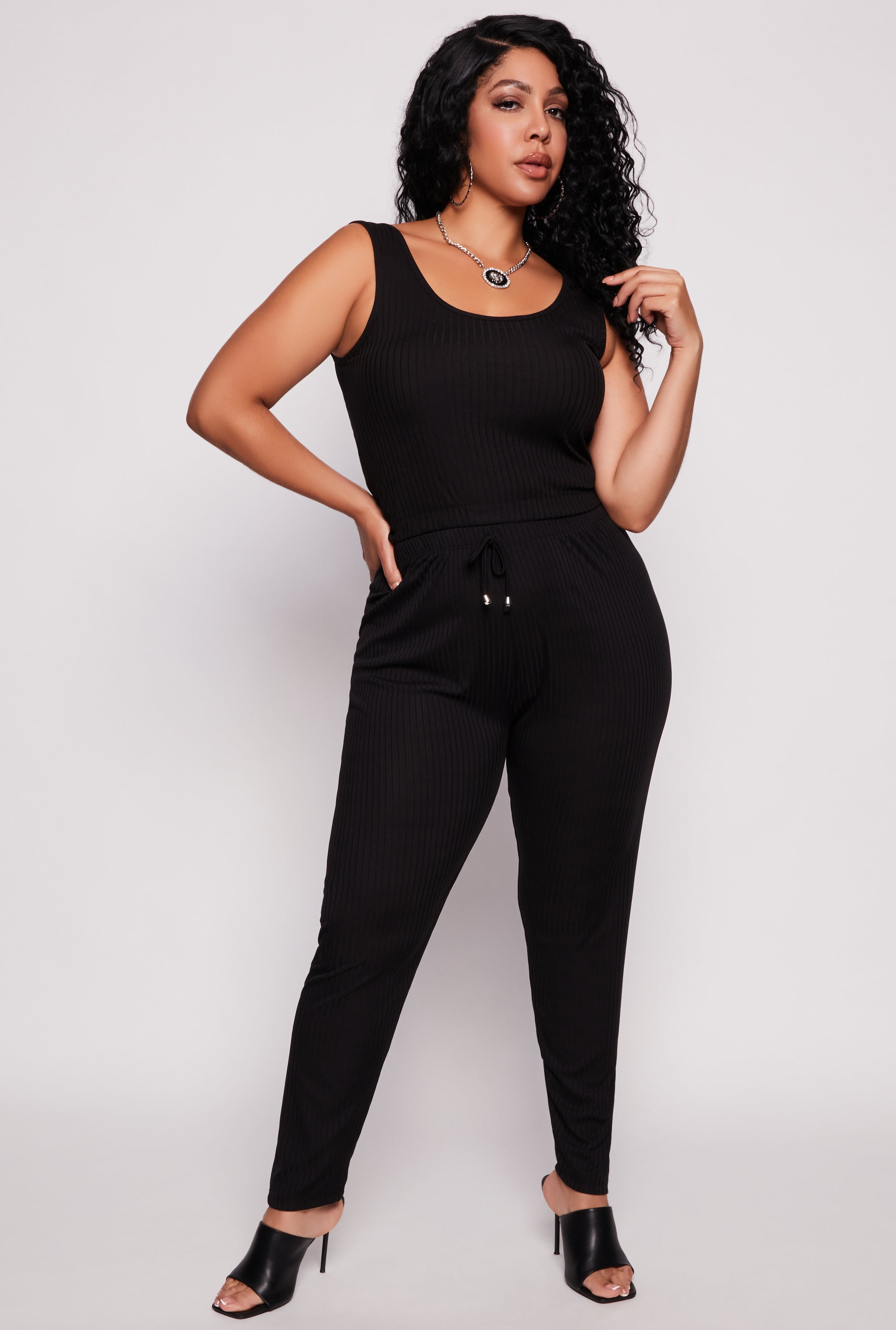 Plus Size Ribbed Drawstring Skinny Leg Pants、mySite、camillekostekn