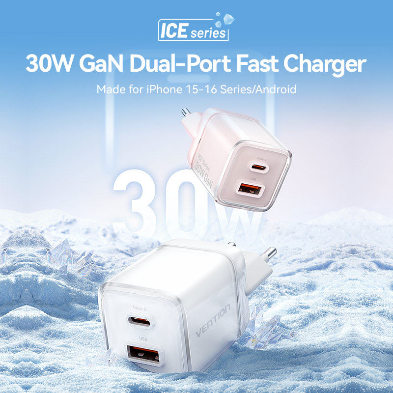 Vention 2-Port USB (C + A) GaN Charger (30W/30W) EU-Plug、mySite、fannypackpong