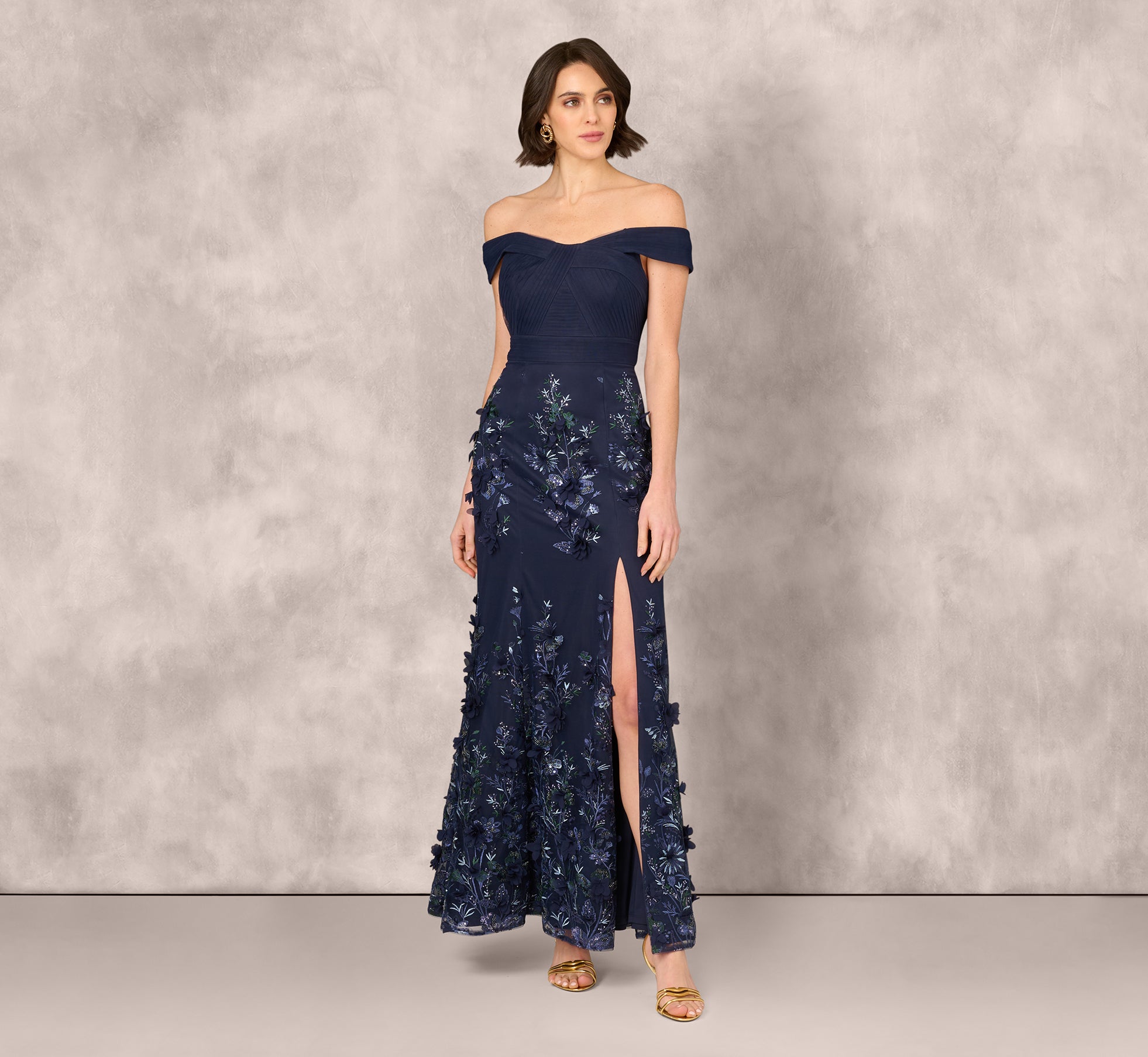 Off Shoulder Sequin Embroidery Mermaid Gown In Navy、mySite、solidvoid
