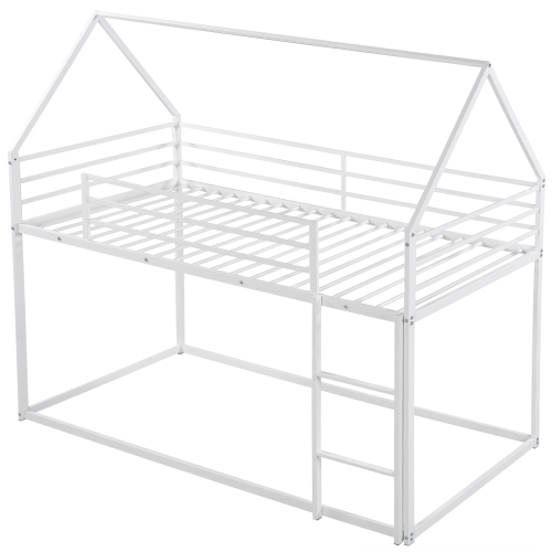 Twin over Twin House Bunk Bed with Ladder and Slide,White、、casual