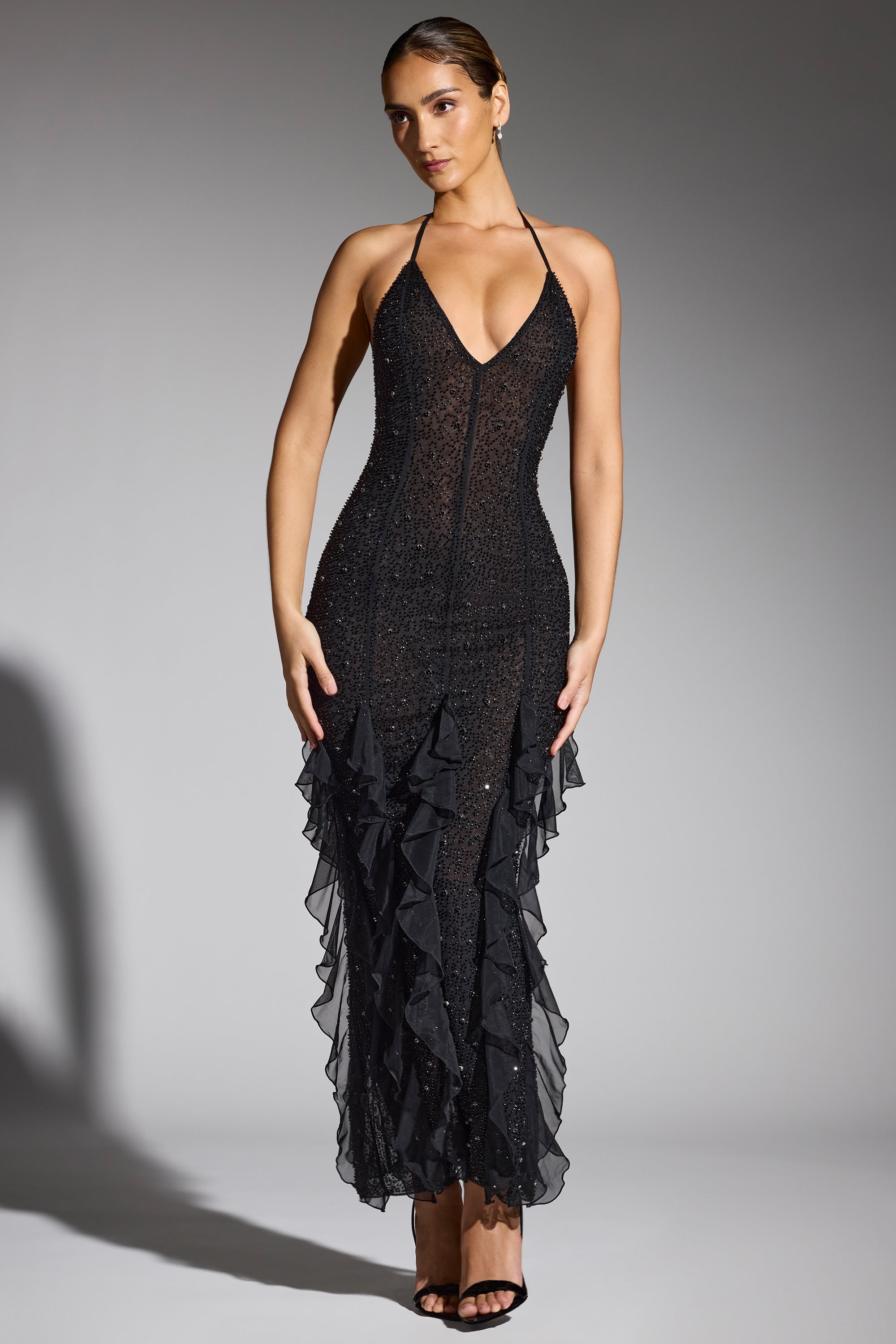 Embellished Halter Neck Ruffle Maxi Dress in Black、mySite、solidvoid