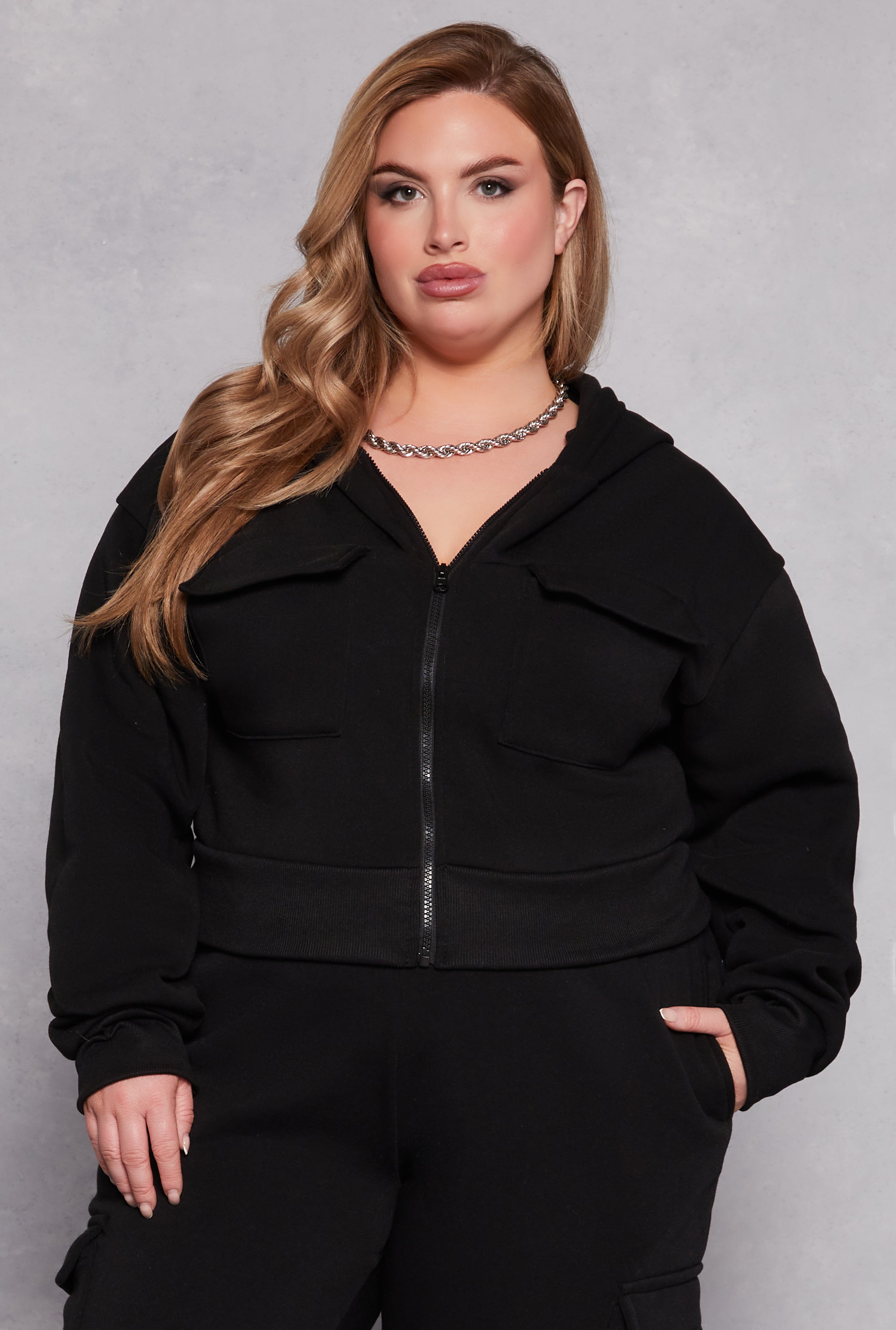 Plus Size Fleece Lined Cargo Hooded Sweatshirt、mySite、camillekostekn