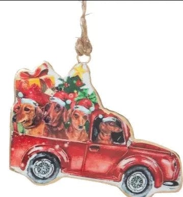 Doxie's in Pick-up Truck with Tree - Metal Ornaments、mySite、g9winljtr