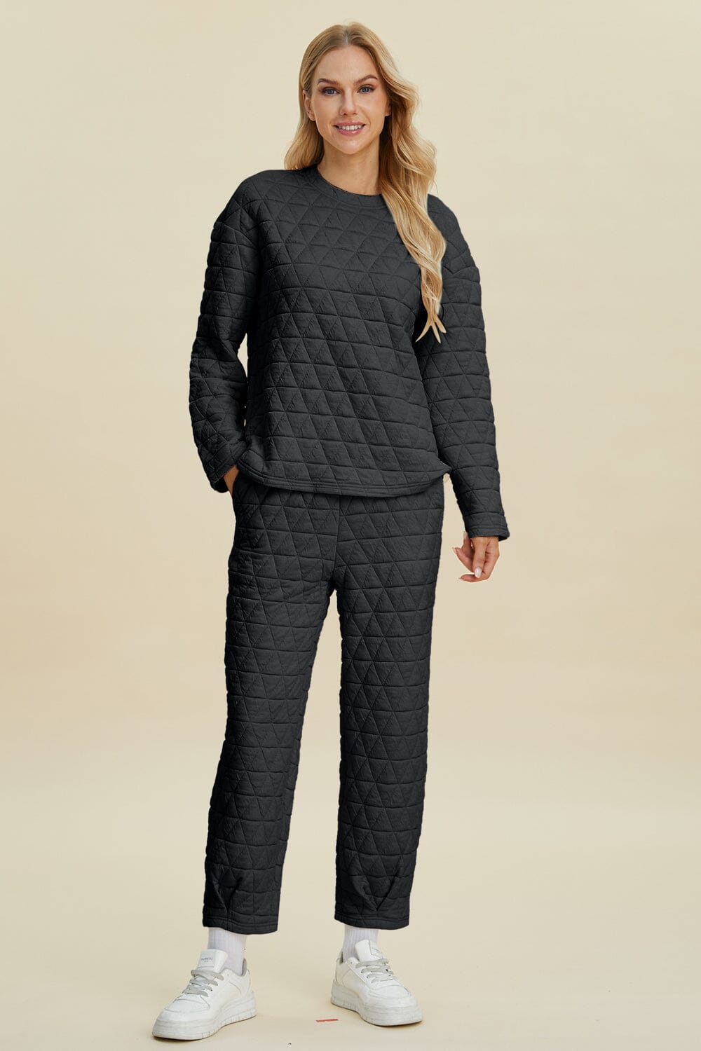 Double Take Full Size Texture Round Neck Long Sleeve Top and Pants Set、mySite、camillekostekn