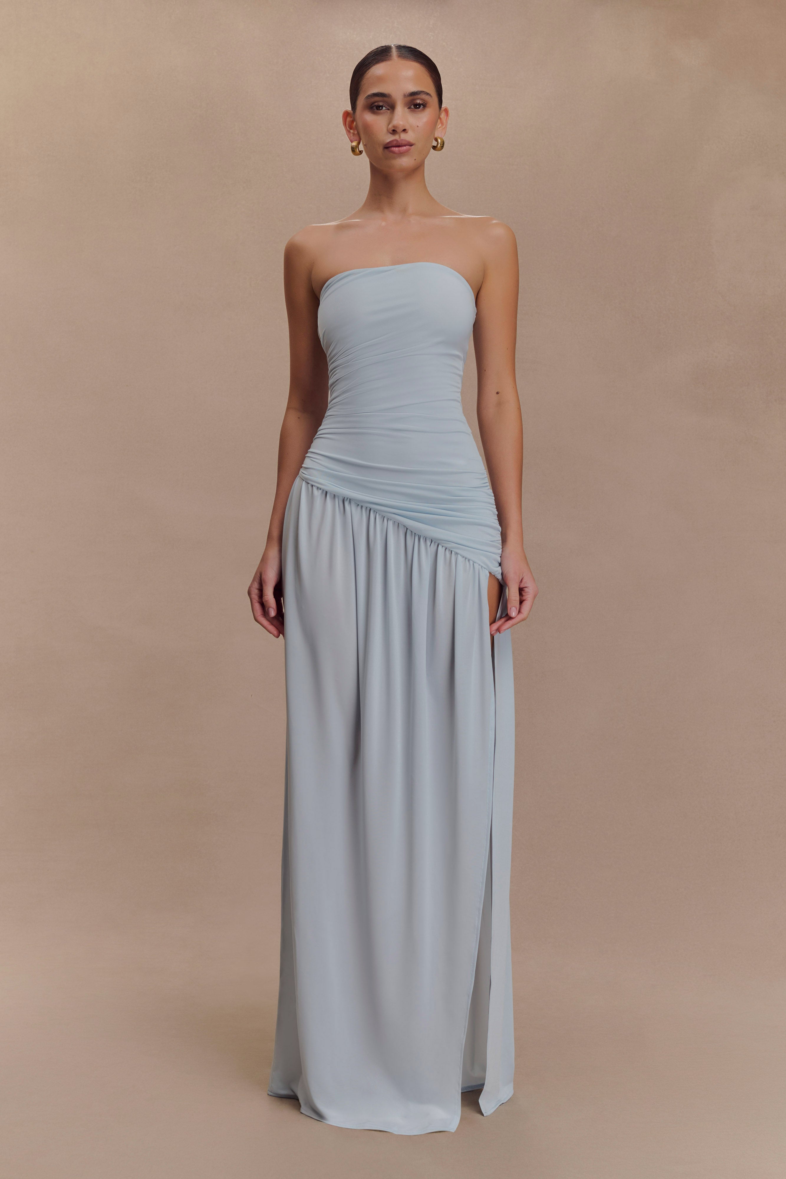 Bex Strapless Slinky Maxi Dress With Split - Pale Blue、mySite、solidvoid