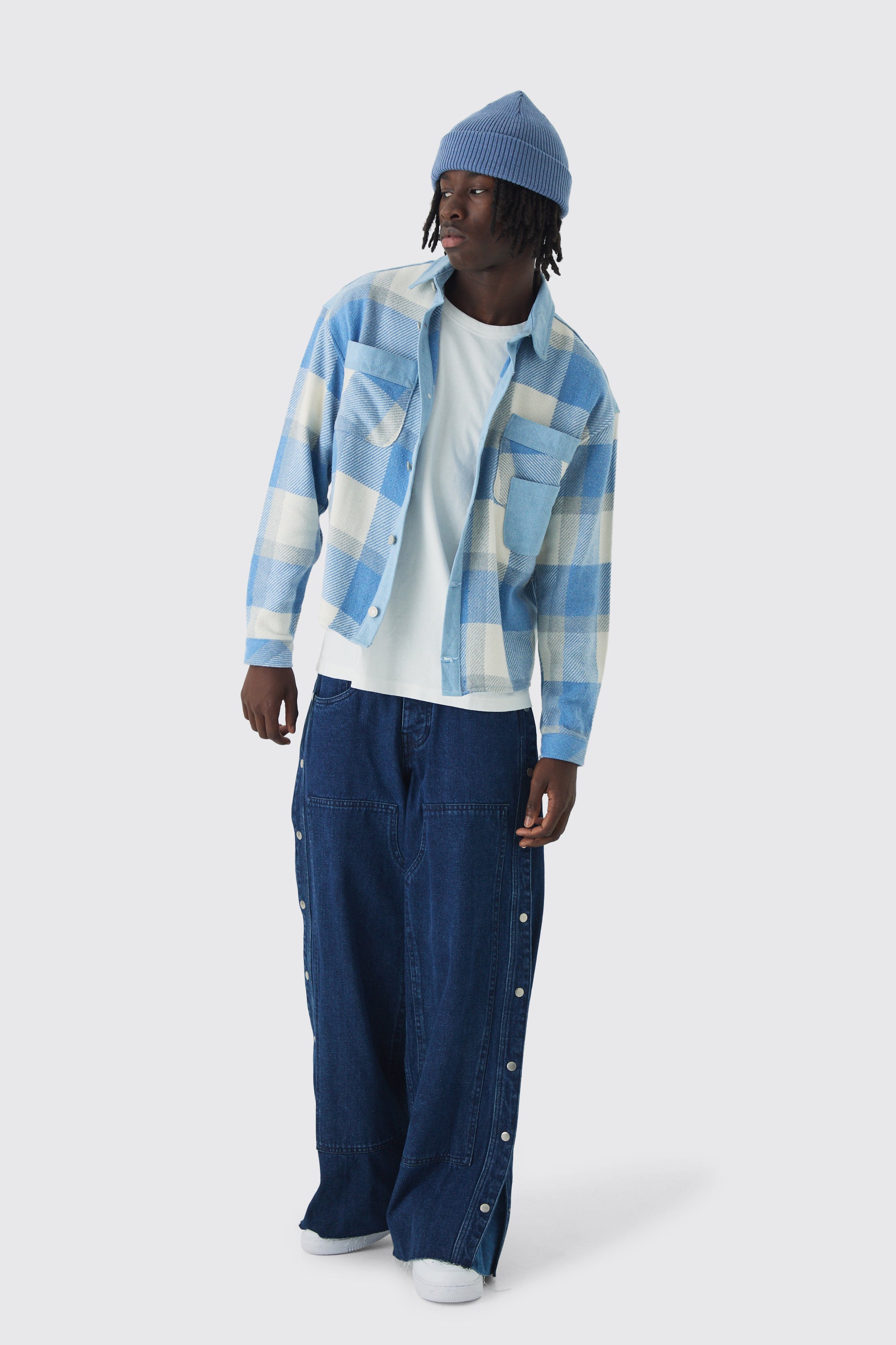  Boohooman Oversized Denim Checked Quilted Shirt Light Blue、mySite、justintrudeaud