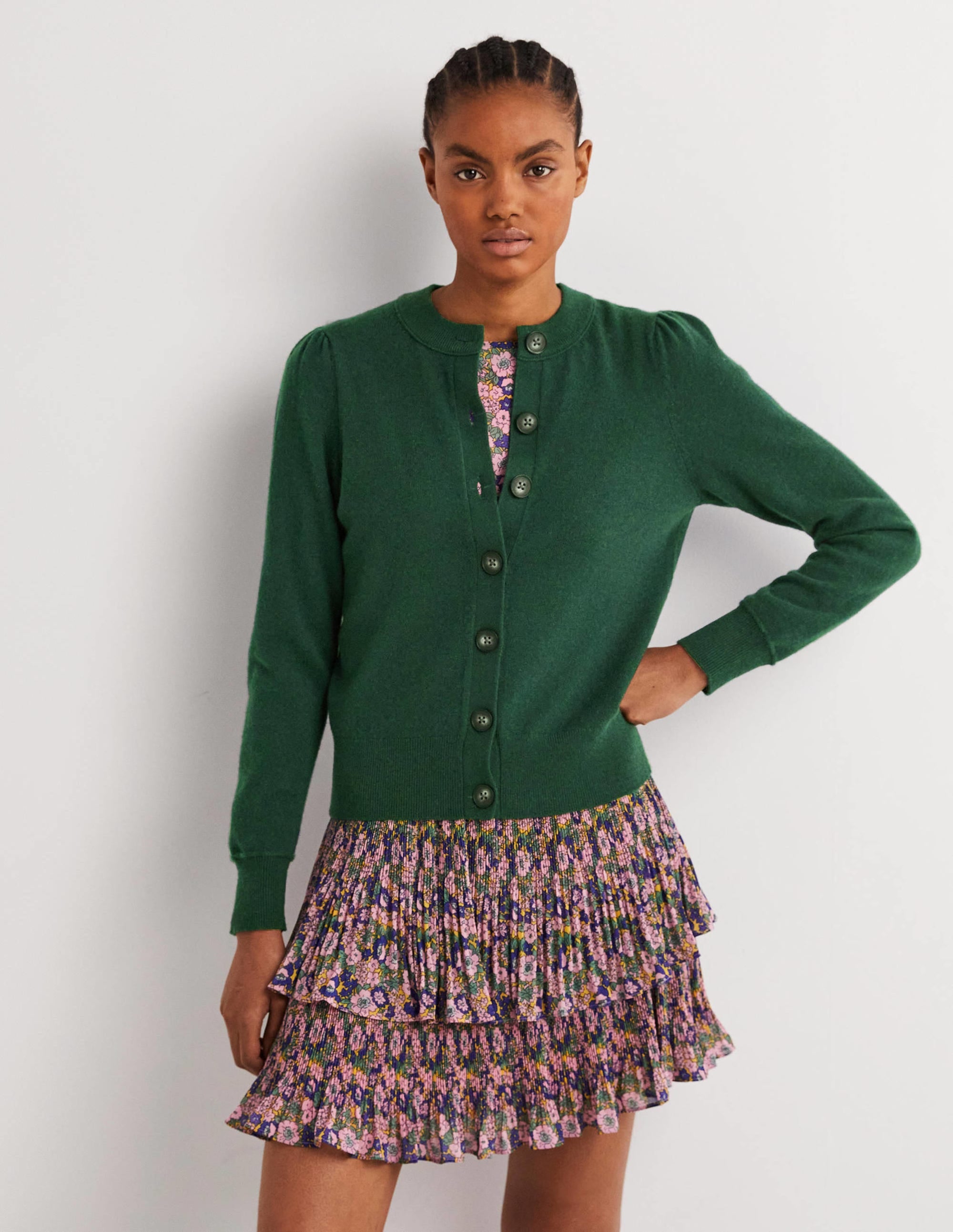  Cashmere Crew Neck Cardigan-Hunter Green Melange、mySite、ashleygrahame