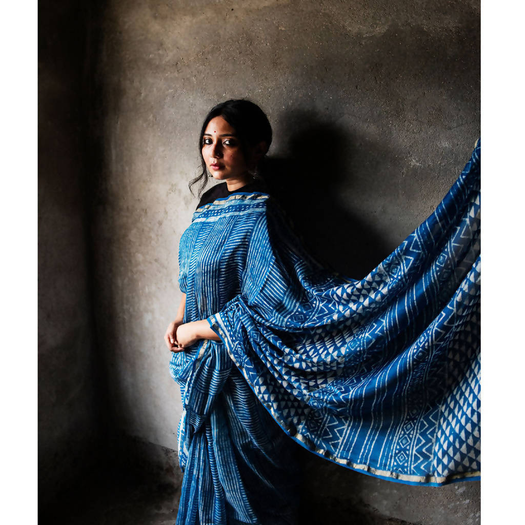 Natural Dyed Blue Dabu Printed Chanderi Saree、mySite、camillekostekn
