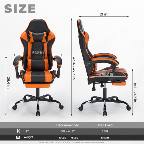 Gaming Chair with Footrest, Ergonomic Computer Chair with Headrest and Lumbar Support, Breathable Material Height Adjustable Video Game Chairs for Adults, Black Orange、、casual