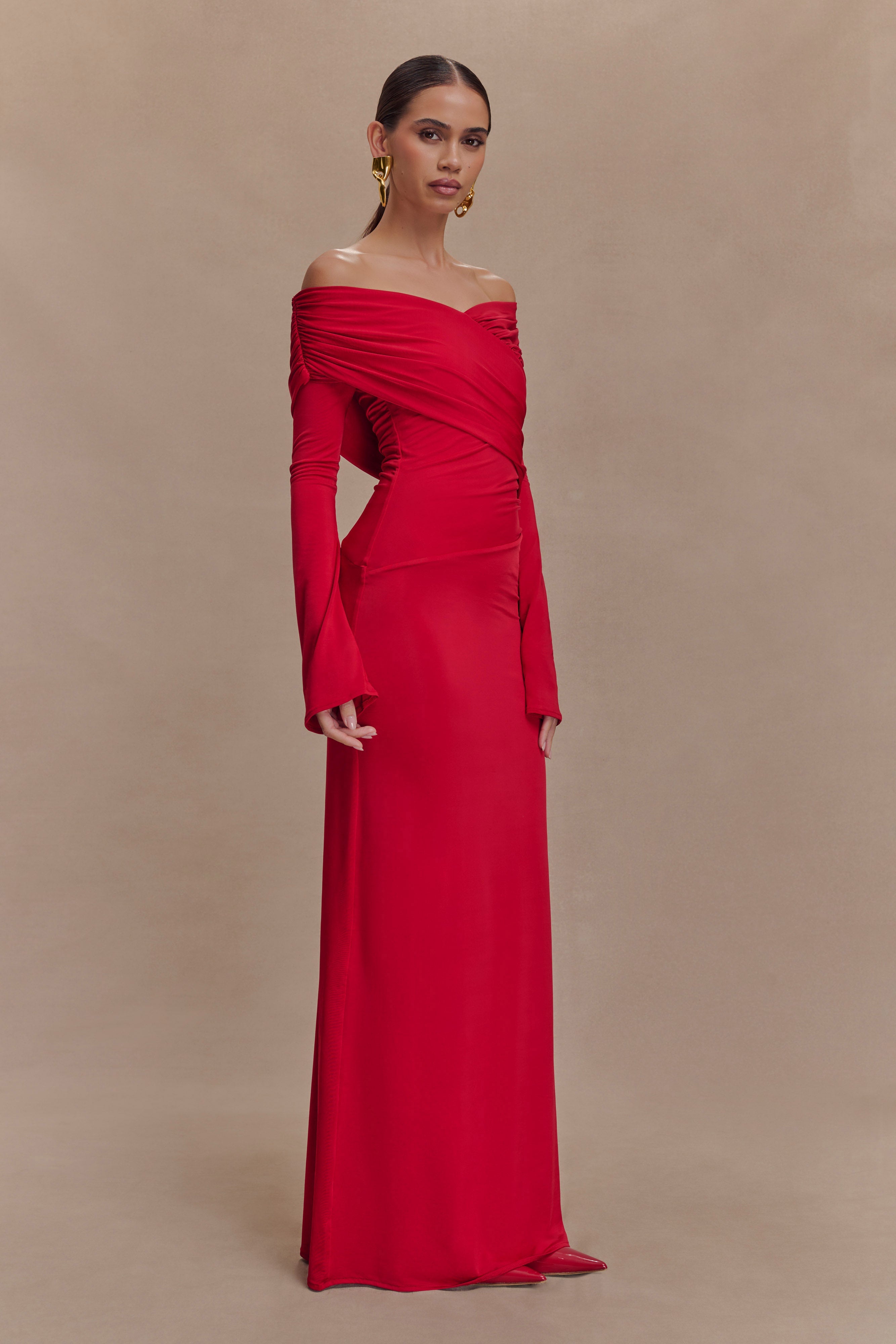 Therese Off Shoulder Ruched Maxi Dress - Red、mySite、solidvoid