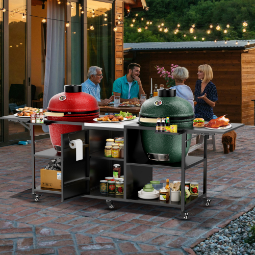 Outdoor Grill Table for Big Green Egg Style BBQ, Metal Grill Cart with Storage Box, Compatible with up to Large Green Egg, Kamado Joe Jr、、eastwooduniform