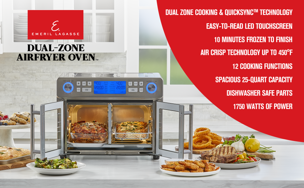Dual Zone and quicksync technology, cook frozen food fast, air crisp, 12 functions, dishwasher safe