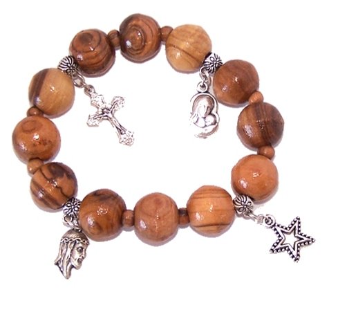 Elastic Olive wood religious bracelet with Silver tone Cross, Holy Face, Star and Mary with Child (Large)、mySite、topwebapps