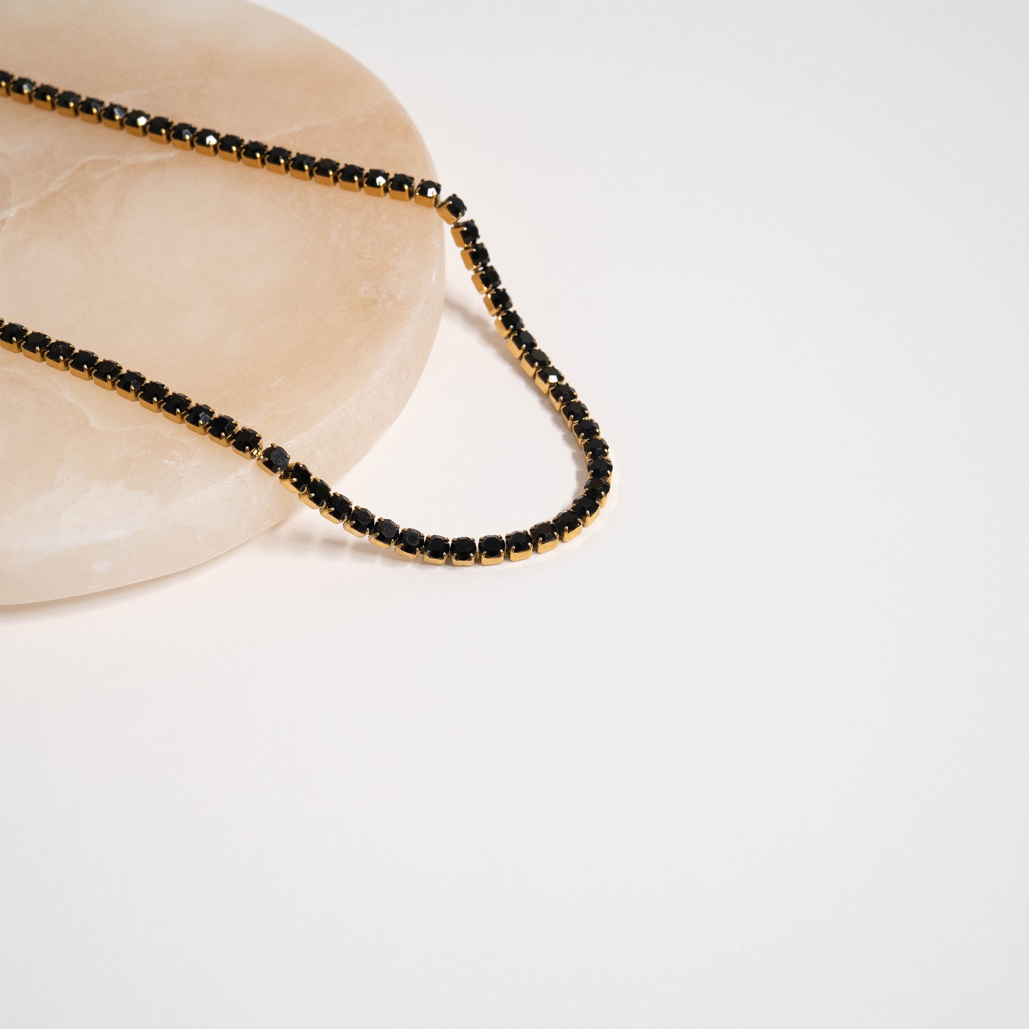 18K Gold PVD Stainless Steel Jet Rhinestone Tennis Chain Necklace With 2 Extension / TNN0004、mySite、dreamappss