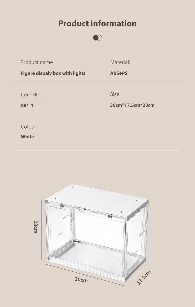 Product details for figure display box with lights, dimensions, and materials.