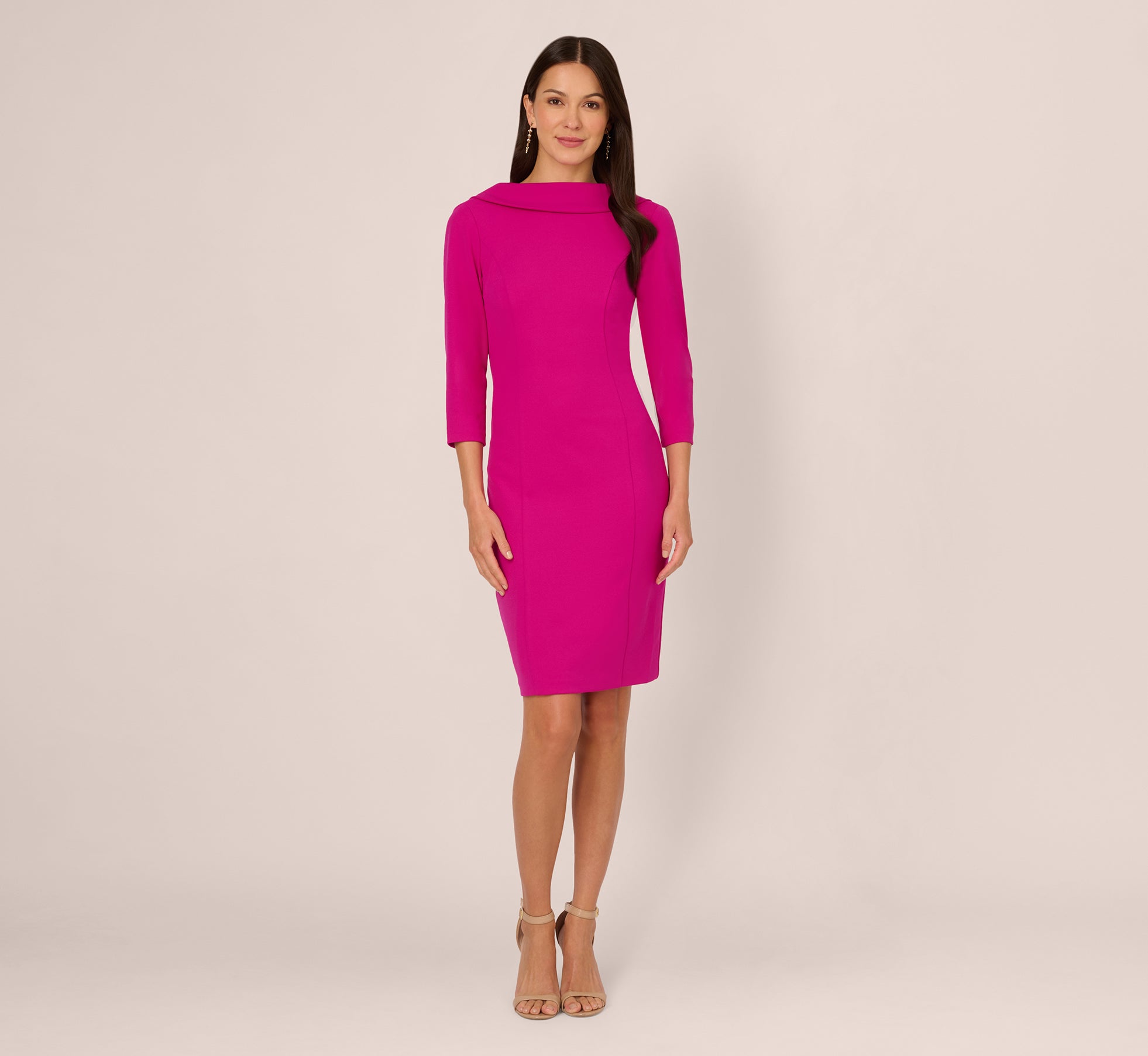 Three Quarter Sleeve Crepe Midi Dress With Rolled Neck In Pink Flambe、mySite、solidvoid