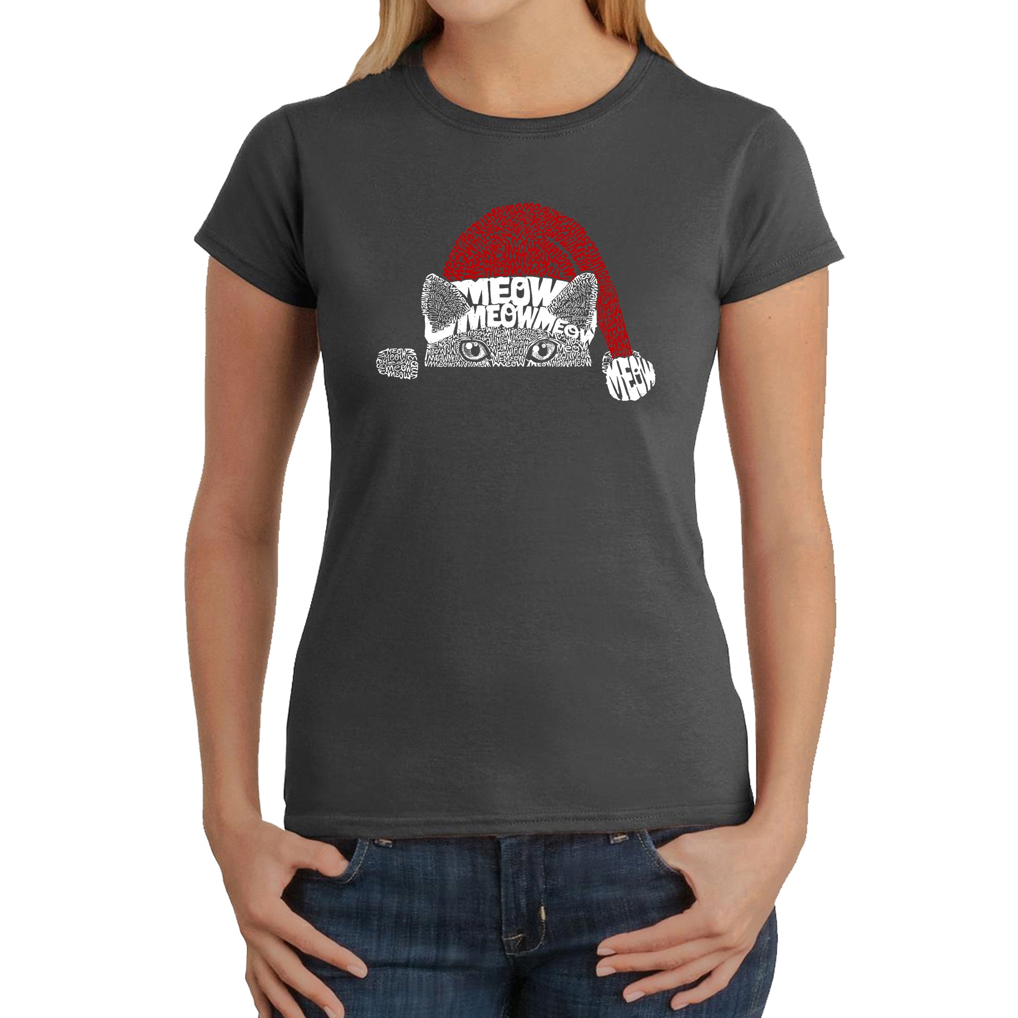 Christmas Peeking Cat - Women's Word Art T-Shirt、mySite、camillekostekn