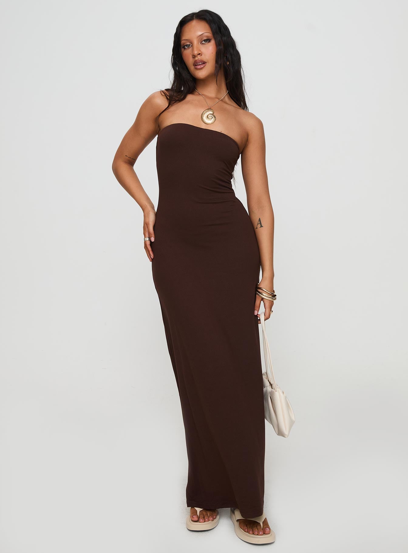 Bellaire Strapless Maxi Dress Brown、mySite、solidvoid