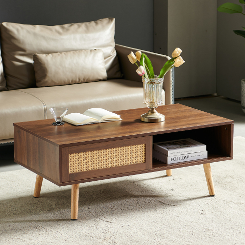 41.34" Rattan Coffee table, sliding door for storage, solid wood legs, Modern table for living room , natural、、casual