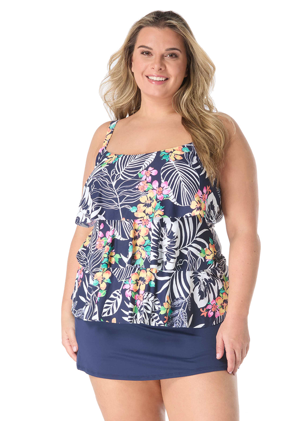 Beach House Women's Plus Size Indigo Jungle Jane Ruffle Tankini Top、mySite、noshort