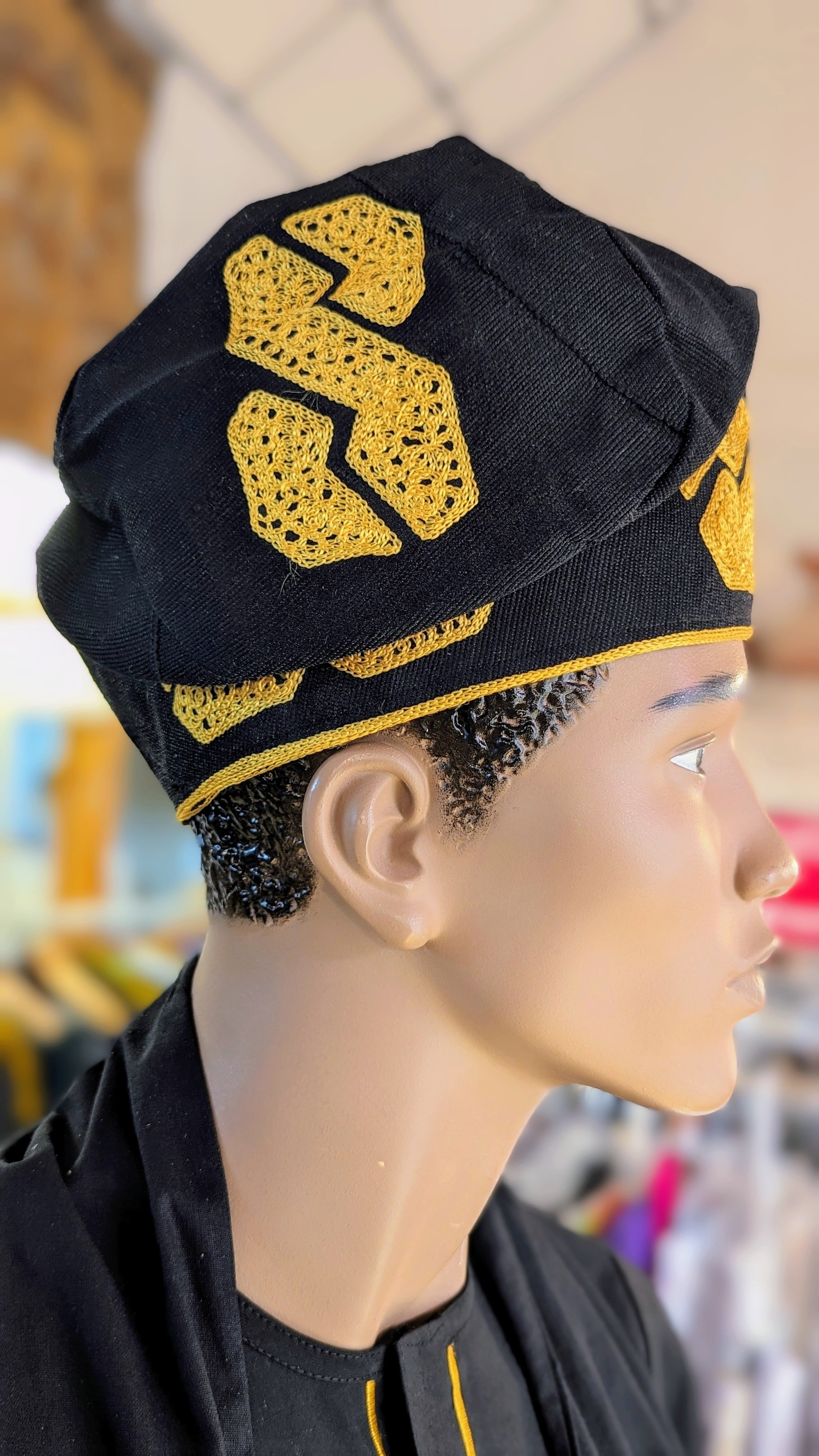 Dupsie's Akoko Black and Gold Embroidered Fila Cap Kufi Hat DPHABLGC44、mySite、solidvoid