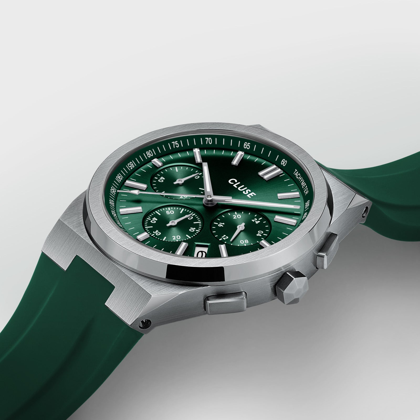  Vigoureux Chrono Watch Silicone Green, Silver Colour