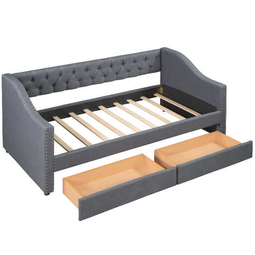 Upholstered Twin Size daybed with Two Drawers, Wood Slat Support, Gray(OLD SKU :LP000011AAE)、、casual