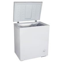 Koolatron white chest freezer, open, on a white background