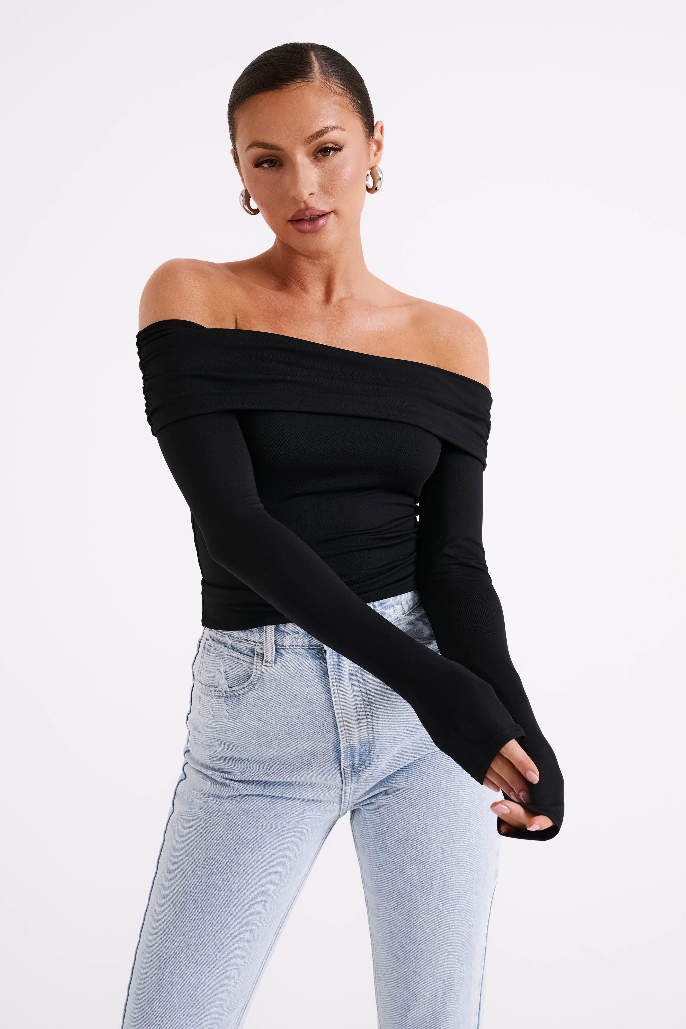 Lucinda Recycled Nylon Off Shoulder Top - Black、mySite、solidvoid