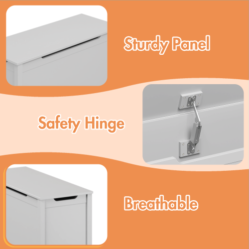 Kids Wooden Toy Box Storage with Safety Hinged Lid for Ages 2+ (White)、、casual