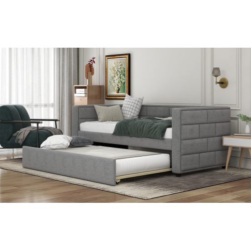 Twin Size Daybed with Trundle, Upholstered Daybed with Padded Back, Gray、、casual