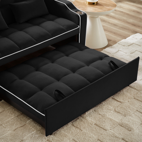 1 versatile foldable sofa bed in 3 lengths, modern sofa sofa sofa velvet pull-out bed, adjustable back and with USB port and ashtray and swivel phone stand (black)、、casual