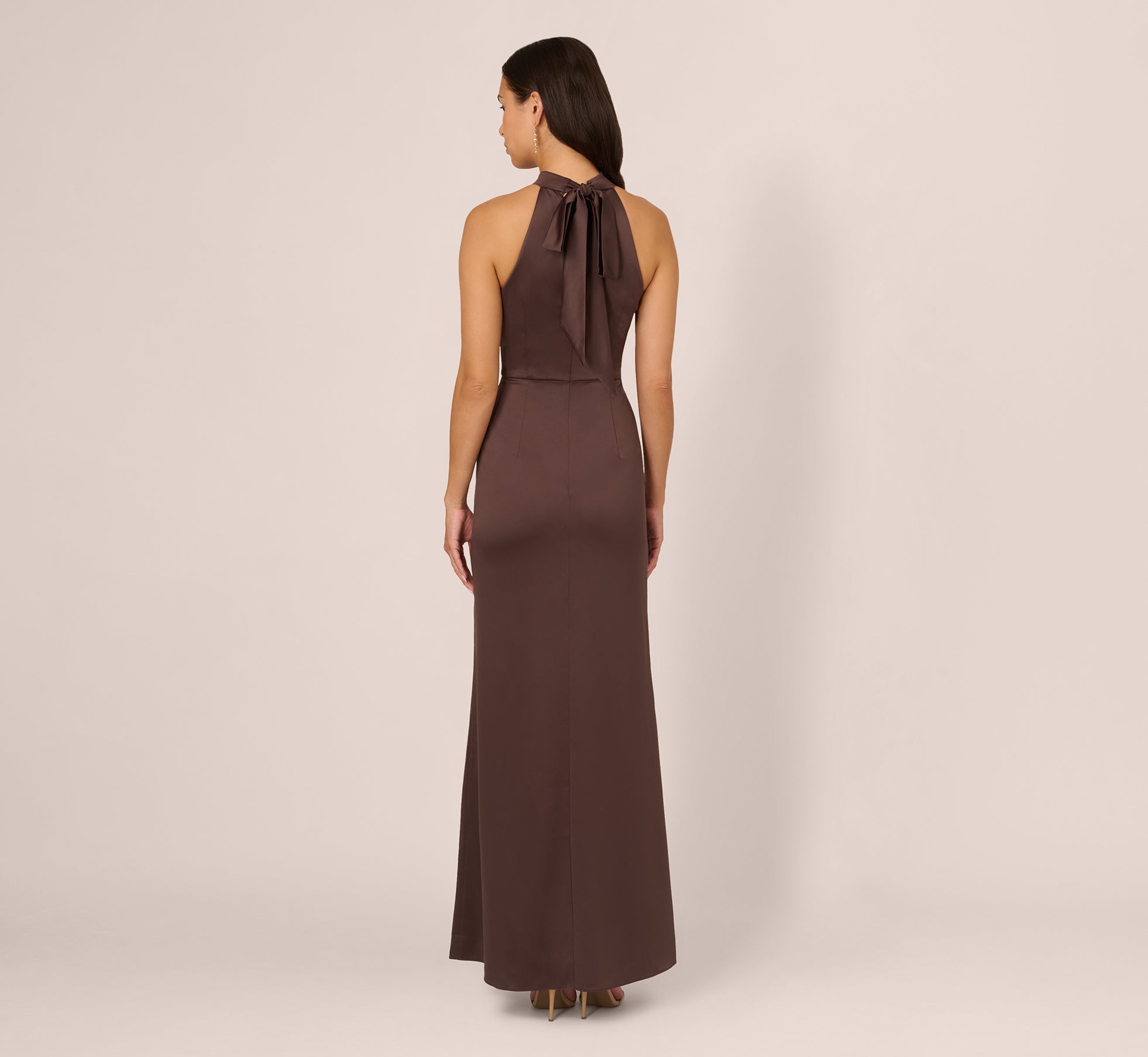 Satin Halter Mermaid Gown With Ruffle Trim In Dark Brown、mySite、solidvoid