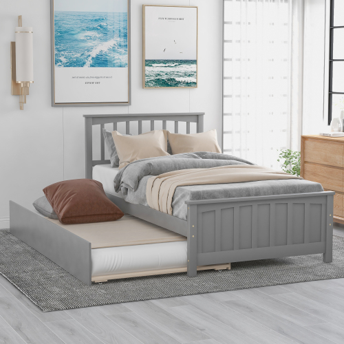 Twin size Platform Bed with Trundle, White、、casual
