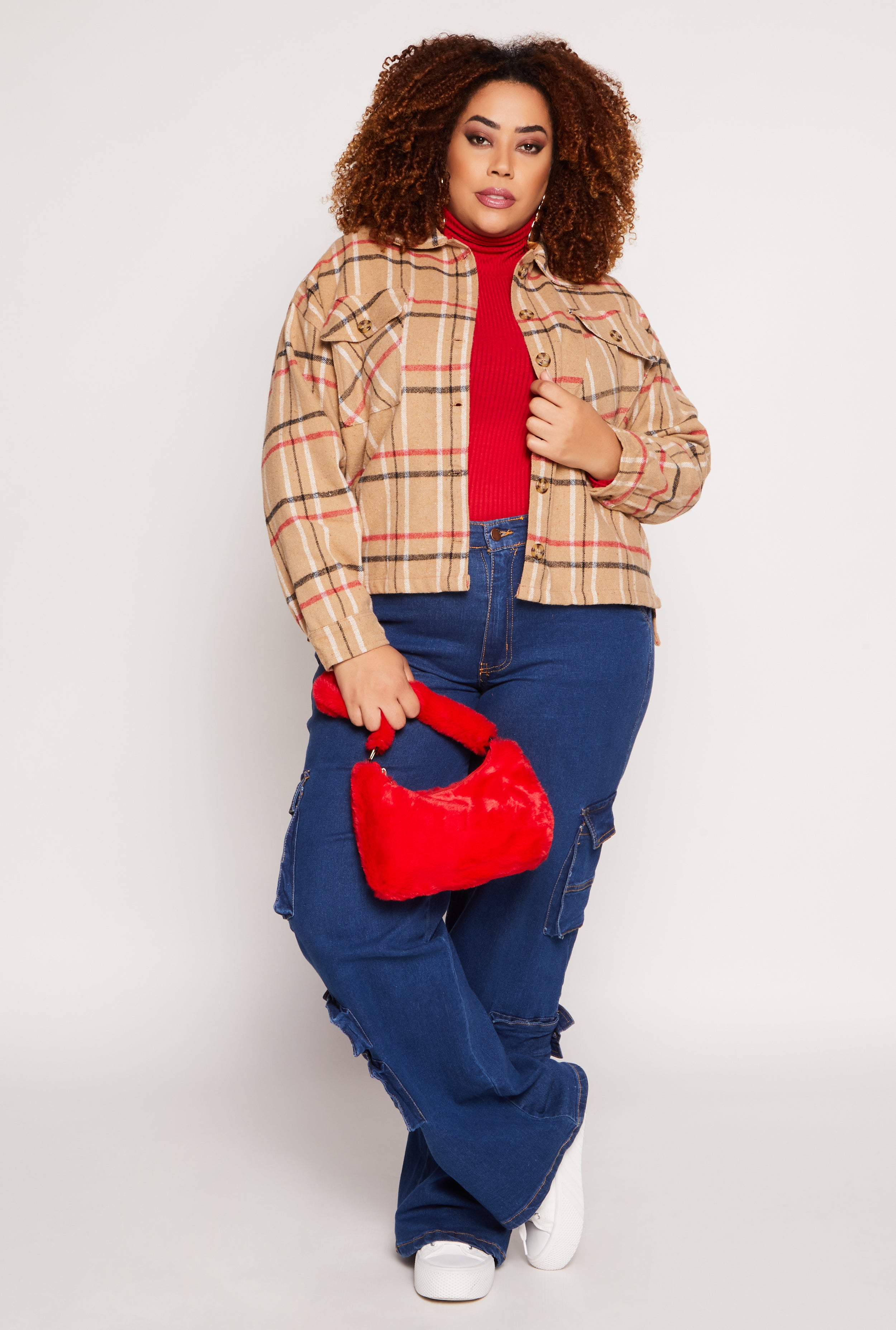 Plus Size Flannel Plaid Button Front Shacket、mySite、camillekostekn