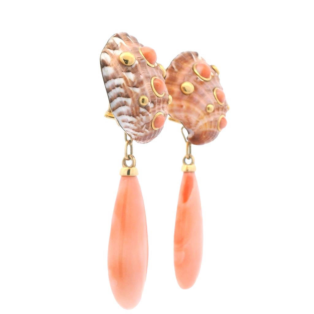 Estate 18K Yellow Gold Natural Seashell & Coral Drop Earrings、mySite、botmansion