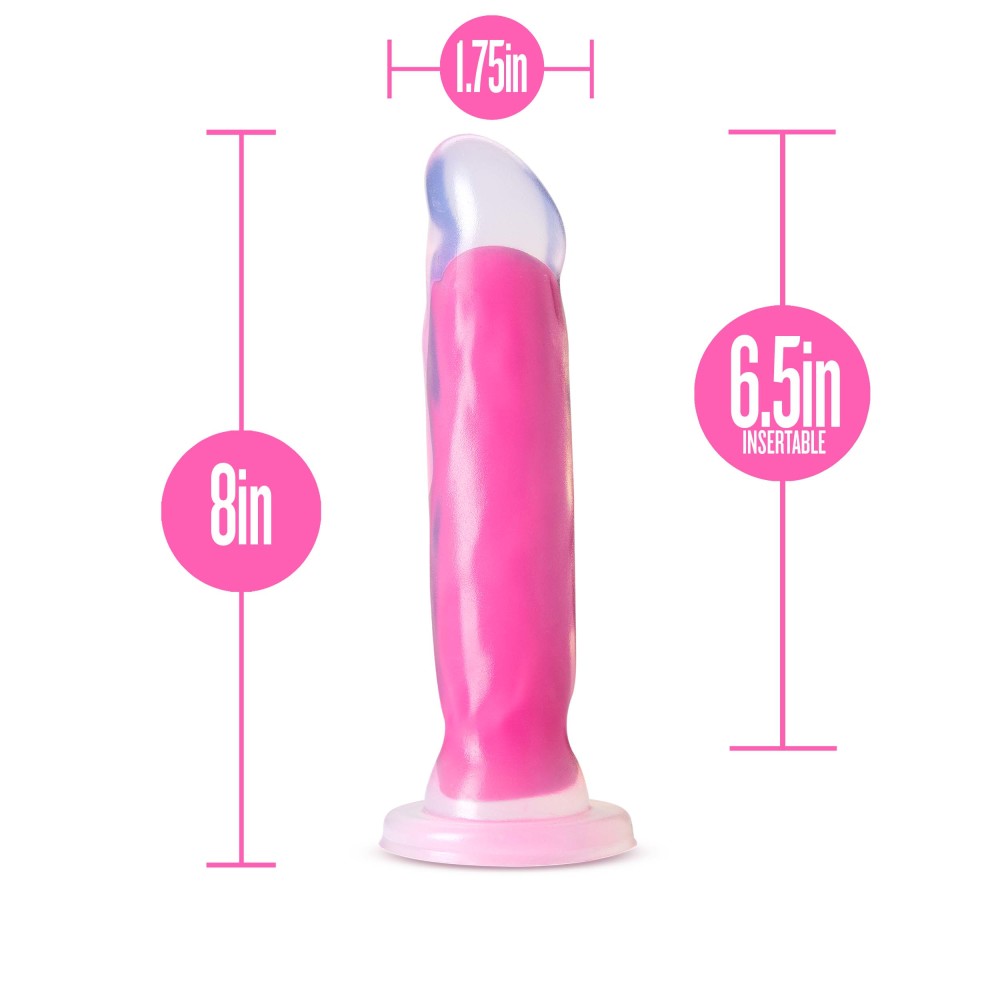 Neo Elite By Blush® | Marquee Glow In The Dark Neon Pink: 8-Inch Long Dildo - Made with Purio™ Silicone & SensaFeel® Dual Density Realistic Technology、mySite、bottomscart