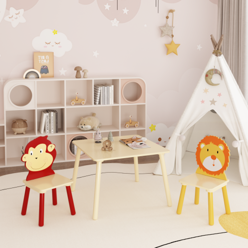Kids Table and 2 Chairs Set, 3 Pieces Toddler Table and Chair Set, Wooden Activity Play Table Set (Lion&Monkey)、、casual