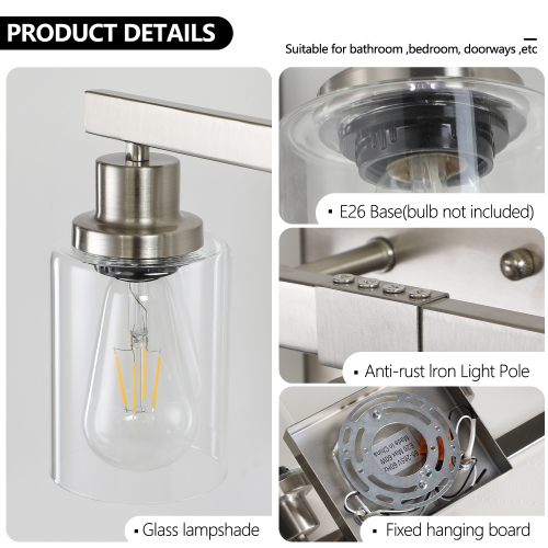 24" Modern 4-Light Bathroom Vanity Light Fixture - Brushed Nickel Finish with Clear Glass Shades, Perfect for Bathroom, Vanity, and Dressing Area Lighting (No Bulbs)、、eastwooduniform