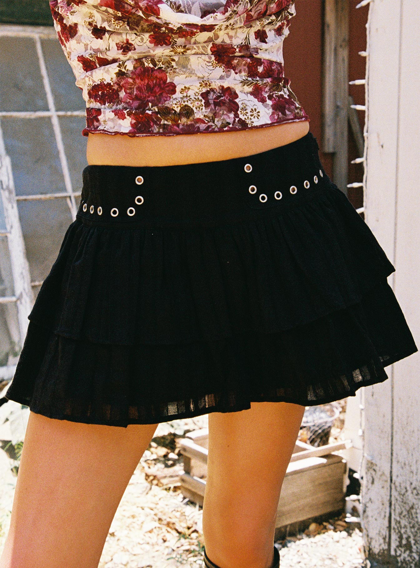 Fire Sign Studded Tiered Mini Skirt Black、mySite、solidvoid