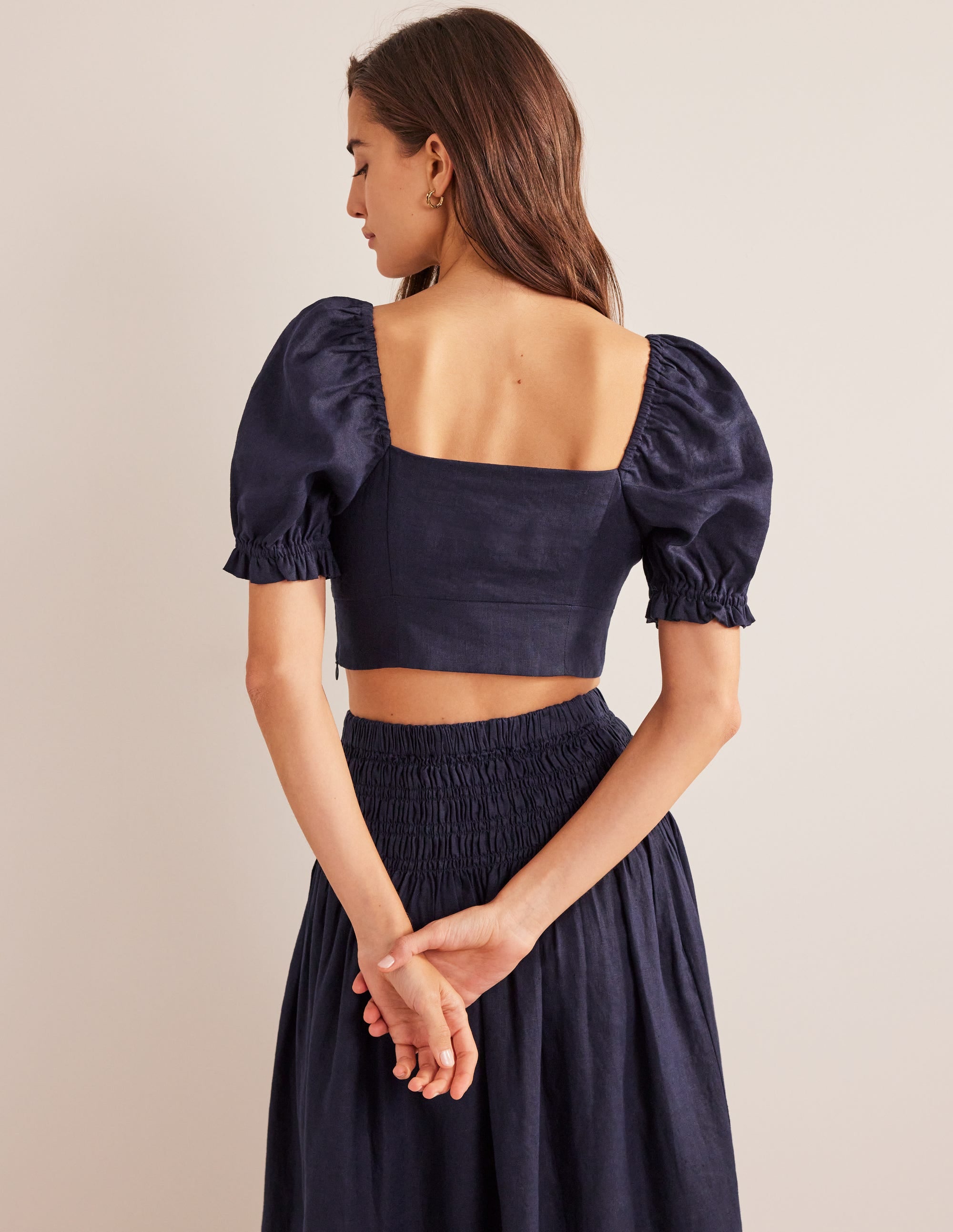  Sweetheart Linen Cropped Top-Navy、mySite、ashleygrahame